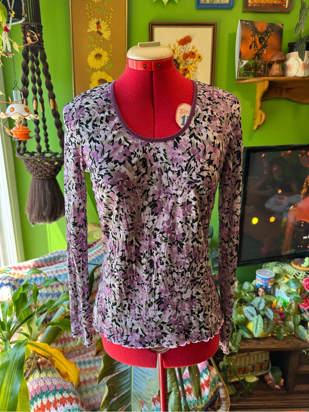 Women's Mesh Purple Floral Long-Sleeve Scoop Neck Top